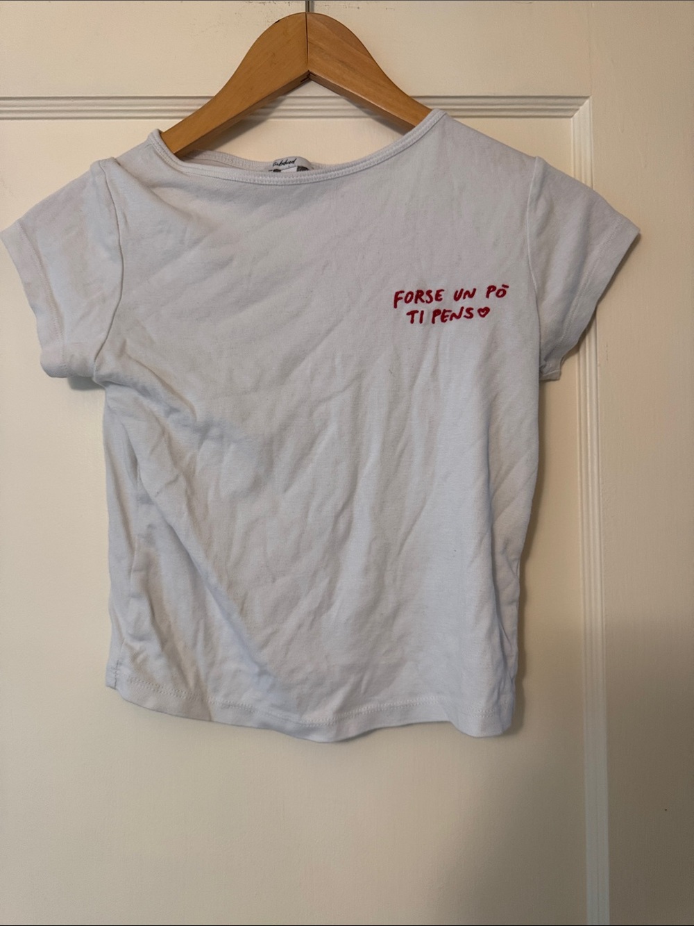 White Crop Tee with Red Script Embroidery